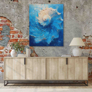 a painting hanging on a brick wall next to a sideboard