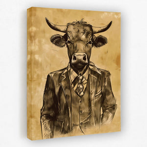 a drawing of a cow wearing a suit and tie