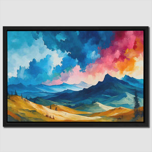 a painting of a colorful sky over a mountain range