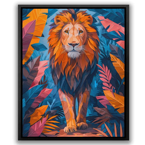 a painting of a lion surrounded by leaves