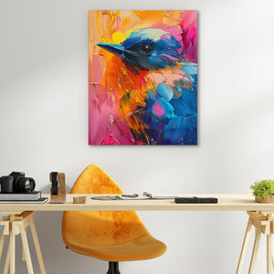 a painting of a colorful bird on a white wall