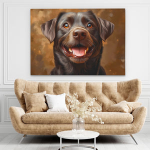 a living room with a couch and a painting of a dog