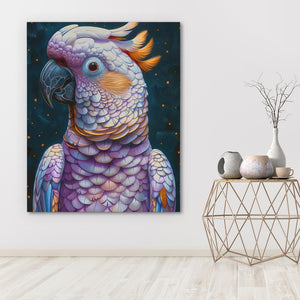 a painting of a colorful parrot on a white wall