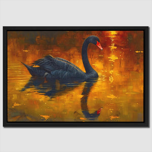 a painting of a black swan floating on water