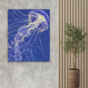 a painting of a jellyfish on a wall next to a potted plant