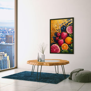 a table with a vase of fruit on top of it