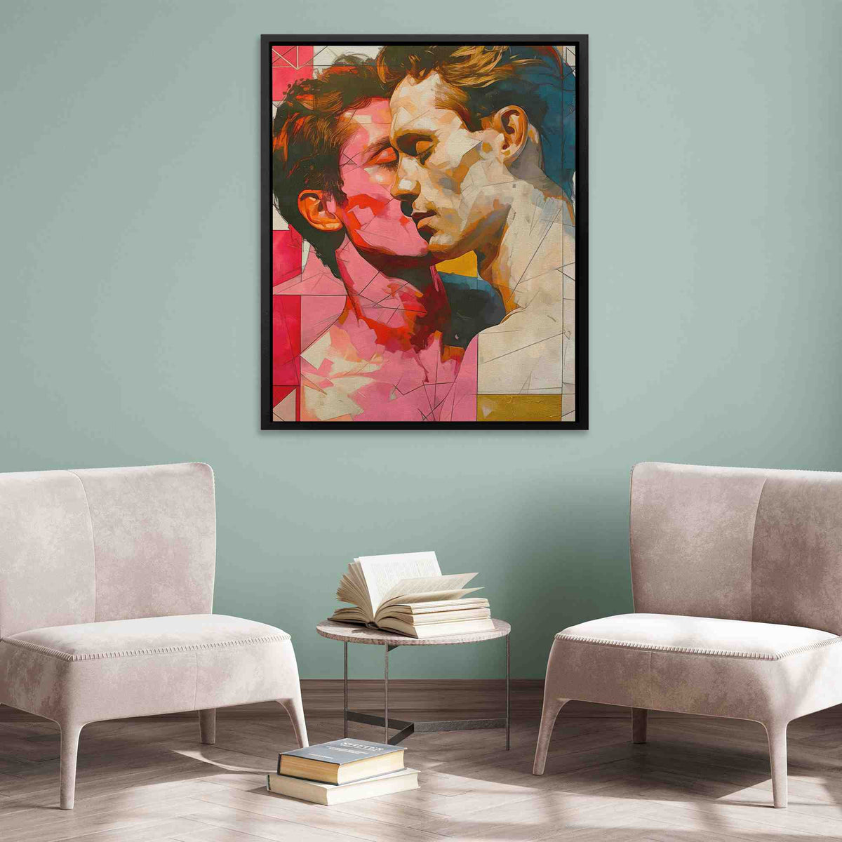 a living room with two chairs and a painting on the wall