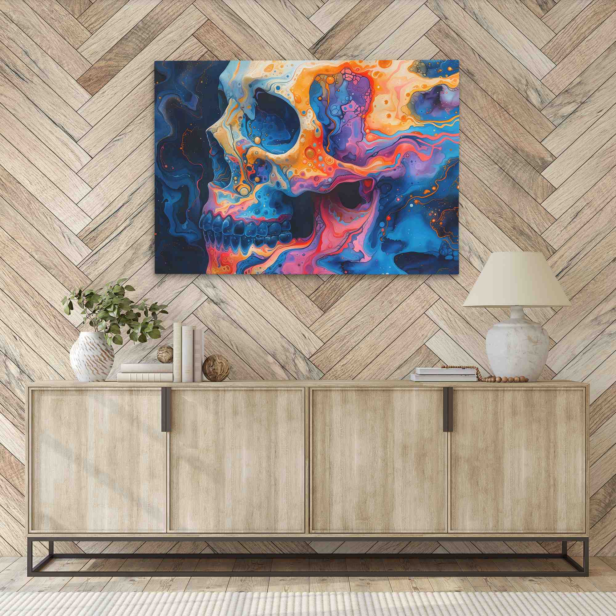 a painting of a colorful skull on a white wall