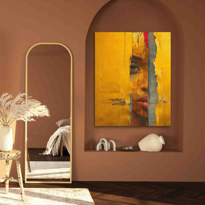 a room with a mirror and a painting on the wall