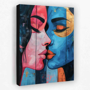 a painting of two people kissing each other