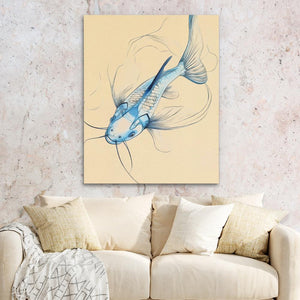 a painting of a fish on a wall above a couch