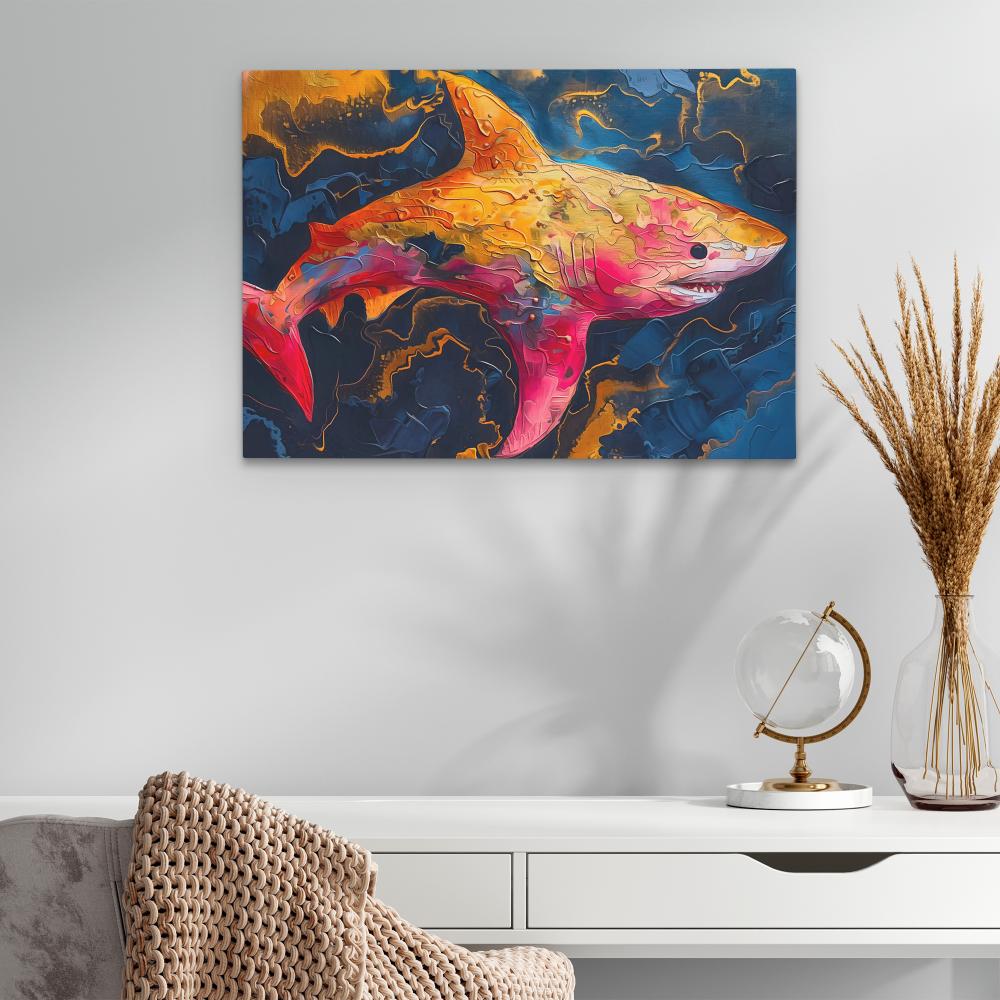 a painting of a yellow and pink shark