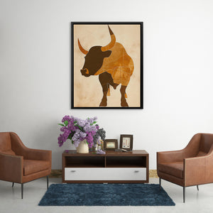 a living room with a cow painting on the wall