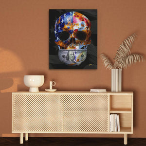 a painting of a colorful skull on a brown wall