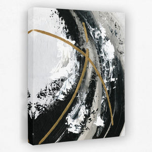 a black and white painting with gold lines