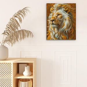 a painting of a lion on a wall next to a potted plant