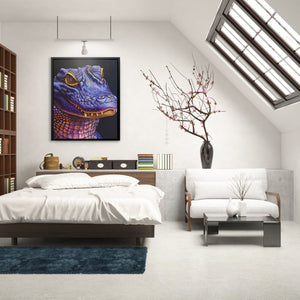 a bedroom with a bed and a book shelf