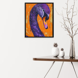 a painting of a purple swan on an orange background