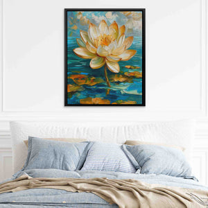 a painting of a white flower on a bed