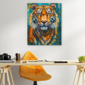 a painting of a tiger on a wall above a desk