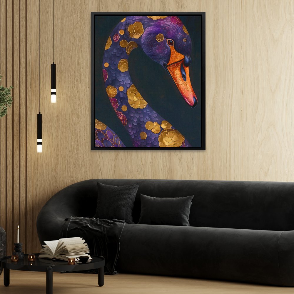 a painting of a purple swan on a black background