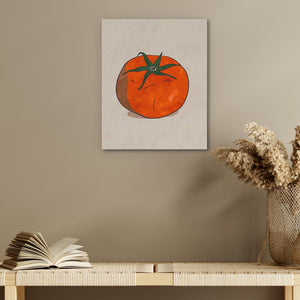 a painting of a tomato on a wall above a table