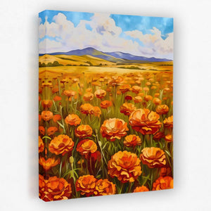 a painting of a field of orange flowers