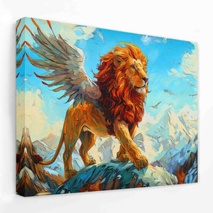 a painting of a lion standing on a rock