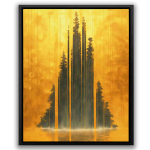 a painting of a forest with a yellow background