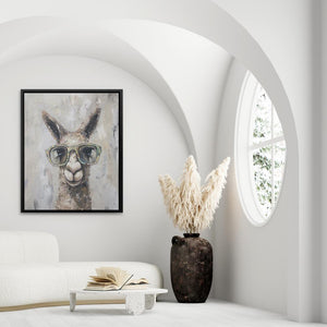 a painting of a llama wearing glasses in a living room