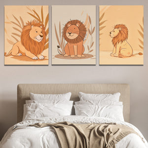 a bed with two paintings of lions on the wall