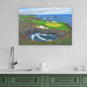 a painting of a golf course on the ocean