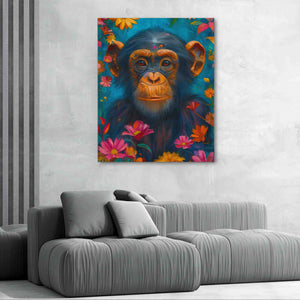 a painting of a monkey on a wall above a couch