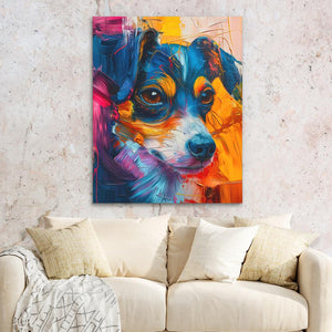 a painting of a dog on a wall above a couch