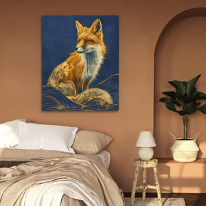 a painting of a fox sitting on a bed