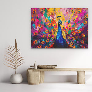 a painting of a peacock on a white wall