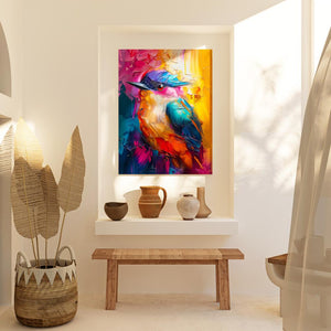 a painting of a colorful bird on a white wall