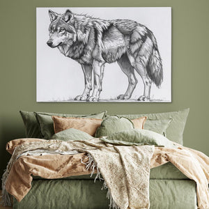 a drawing of a wolf on a wall above a bed