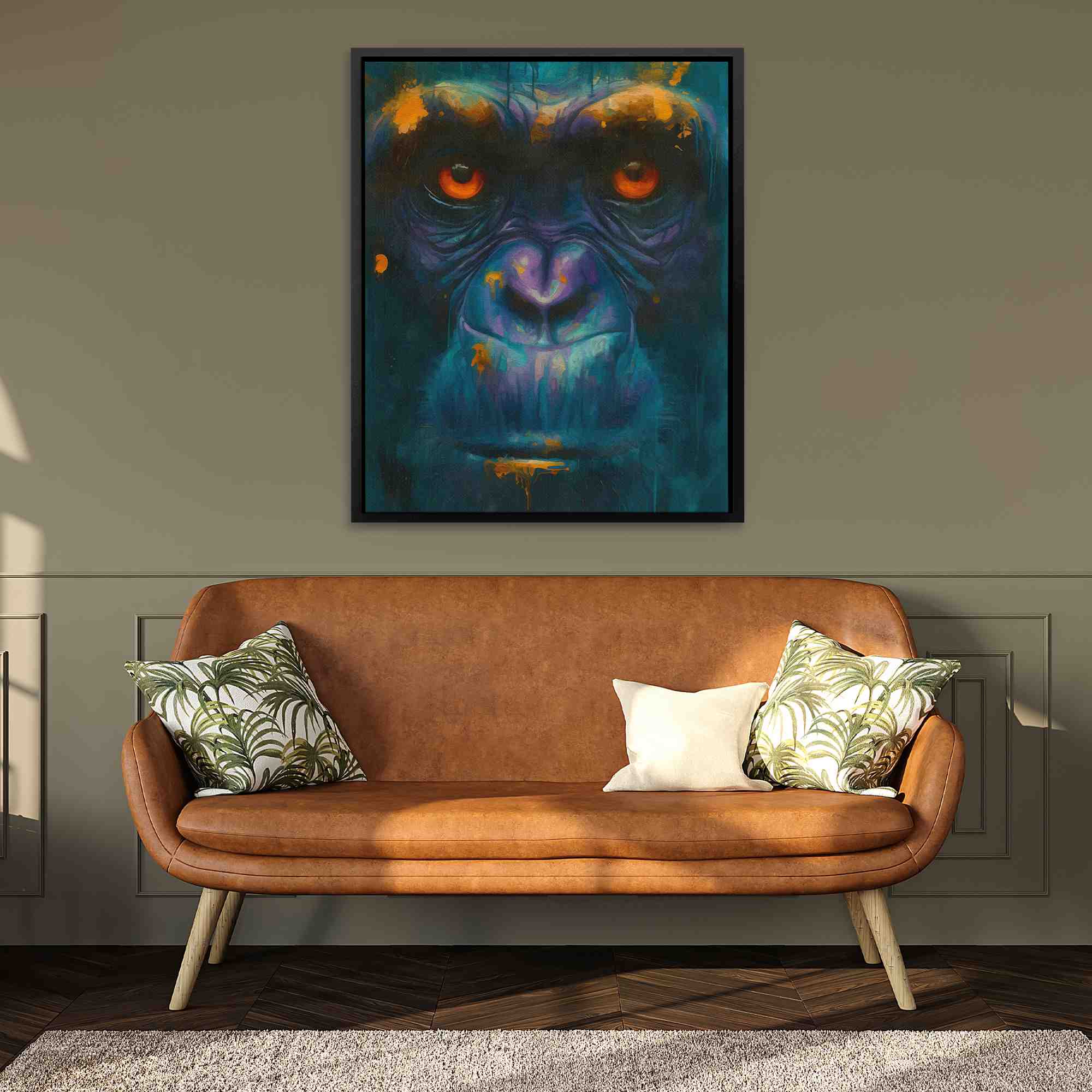 a painting of a gorilla with orange eyes