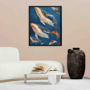 a painting of a group of fish swimming in a pond