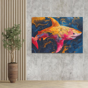 a painting of a yellow shark on a wall