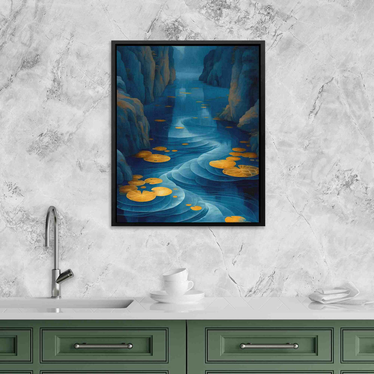 a kitchen with a sink and a painting on the wall