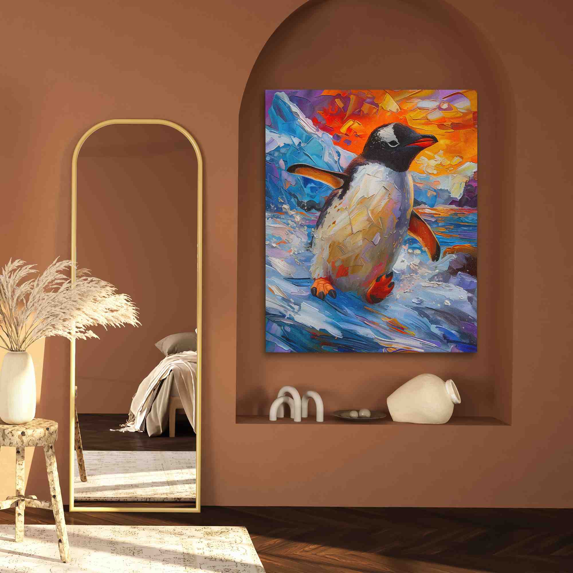 a painting of a penguin in the water