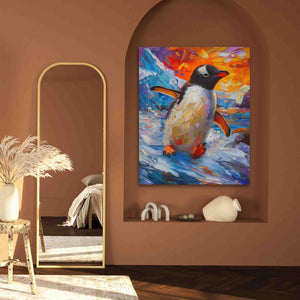 a painting of a penguin in a living room