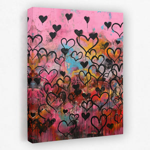 a painting of hearts on a pink background