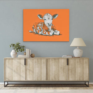 a painting of a cow laying down on an orange background