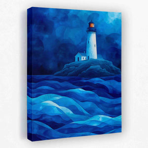 a painting of a lighthouse in the middle of the ocean