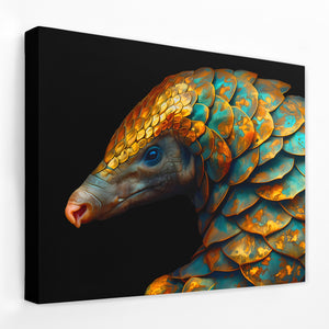 a painting of a blue and yellow animal on a black background