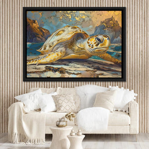 Golden Glow Turtle on a Beach Art Print - Luxury Wall Art 