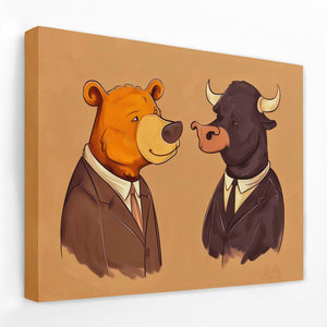 a painting of a bull and a bear wearing suits